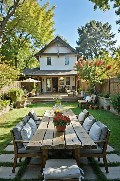 Panoramic View of Outdoor Live Edge Dining Area in Backyard