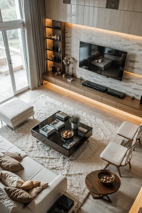 Panoramic view of elegant living room with high-end TV wall design, built-in cabinetry, and textured panels.