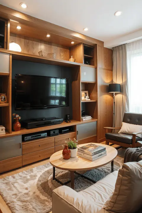 Panoramic view of modern living room with multipurpose TV wall design and efficient storage solutions