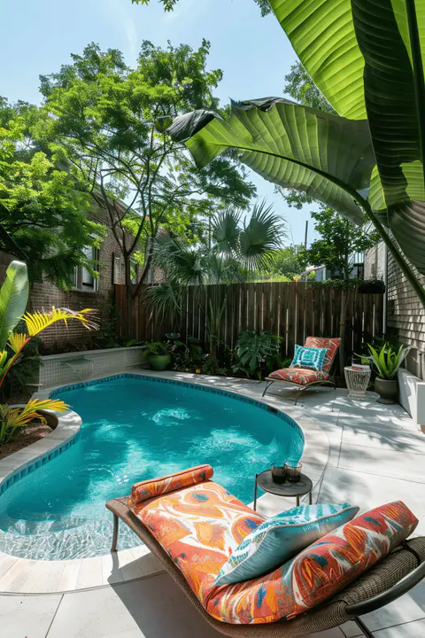 Petite kidney-shaped inground pool, small urban backyard, budget-friendly concrete patio, wooden privacy wall, tropical plants, colorful loungers
