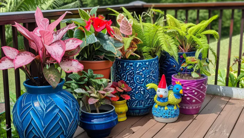 Small container garden with flowers and herbs in pots