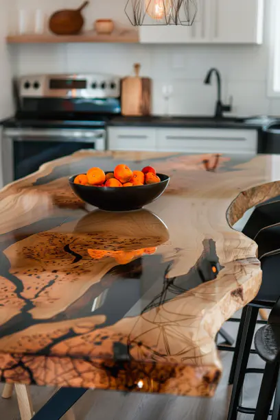 Small live edge dining table with artistic epoxy resin infusion in a cozy dining room