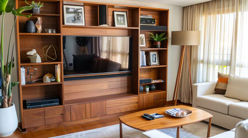 Small urban apartment with space-saving TV wall, custom shelving unit, functional and decorative storage, warm wood tones