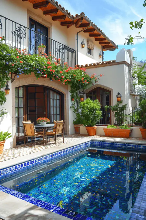 Square plunge pool, petite backyard, Mediterranean style, mosaic tiles, terracotta planters, vibrant flowers, small bistro set, alfresco dining