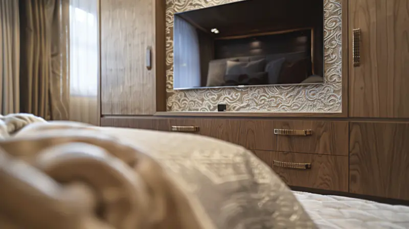TV wall design in an elegant bedroom with textured wallpaper and custom cabinetry
