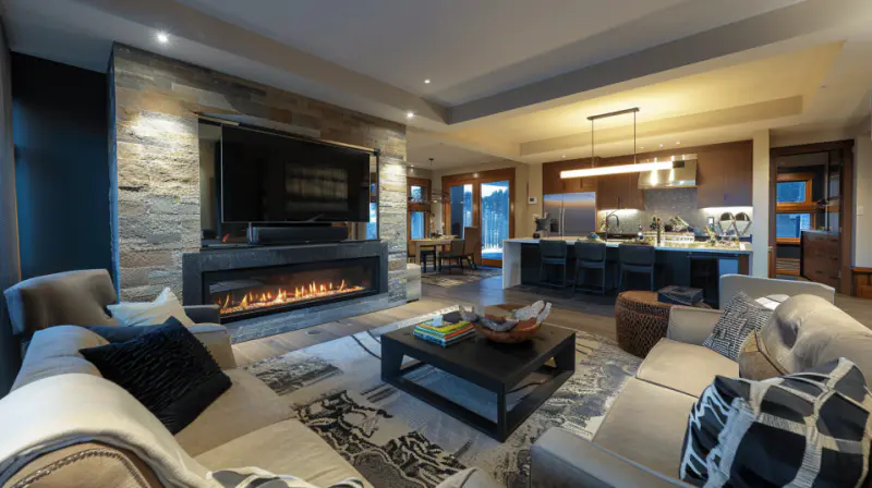TV wall design with an electric fireplace. The TV is mounted above the fireplace, framed with elegant stone