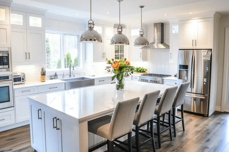 Timeless white shaker cabinets in a luxurious kitchen with quartz countertops, stainless steel appliances, and hardwood flooring for a classic and elegant look