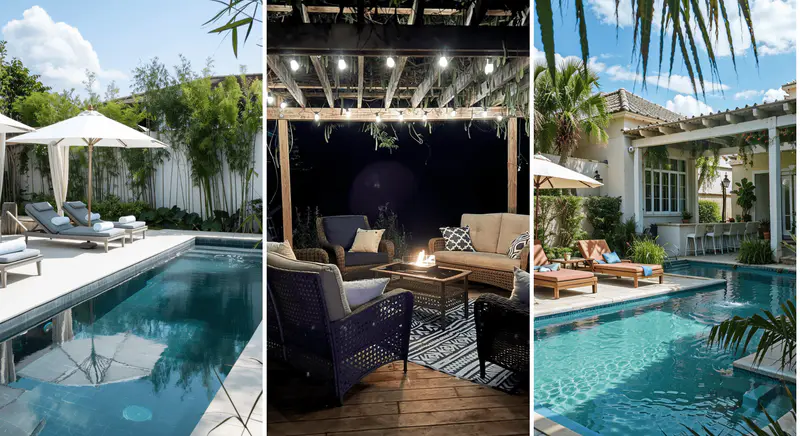 Tropical inground pool surrounded by plants with bamboo pergola, woven shades, and large umbrellas for shaded relaxation