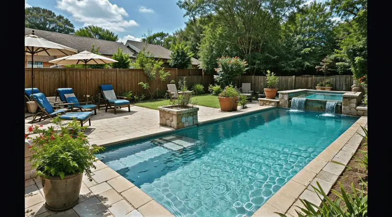 Tropical small inground pool with tanning ledge in a lush backyard