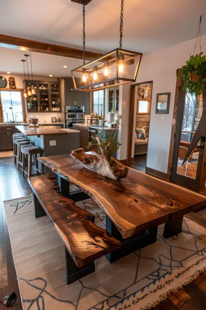 Wide Shot of Dining Area with Live Edge Table and benches in Small Apartment.