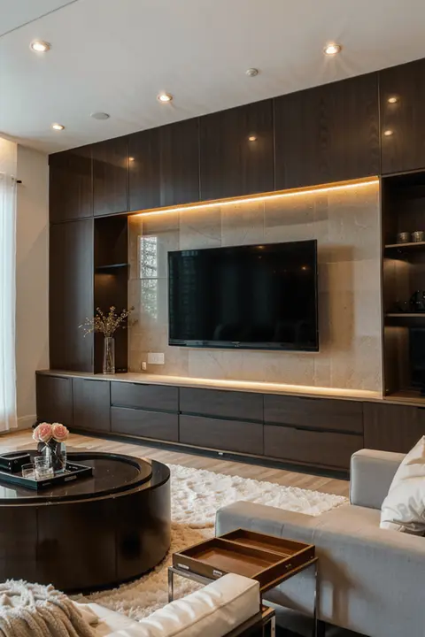 Wide Shot of Modern Luxury Living Room with Dark Wood TV Wall Design and Gold Accents