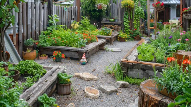 Wide shot of a small, organized garden with raised beds and a cozy seating area
