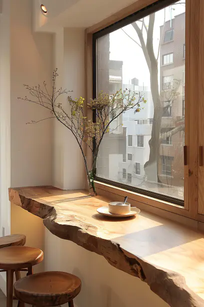 Wide shot of an American home's dining area with a floating live edge dining table, blending style and practicality