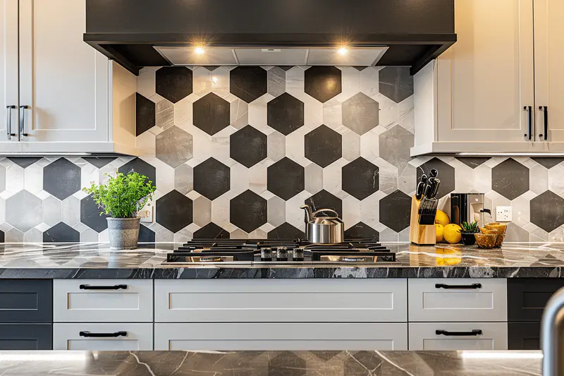 Wide shot of luxurious kitchen with modern geometric hexagon pattern tiles in black, white, and gray