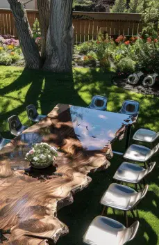 aerial visual outdoor backyard live edge table plastic chairs