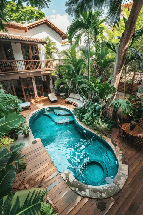 deck wood backyard with a small inground pool panoramic image