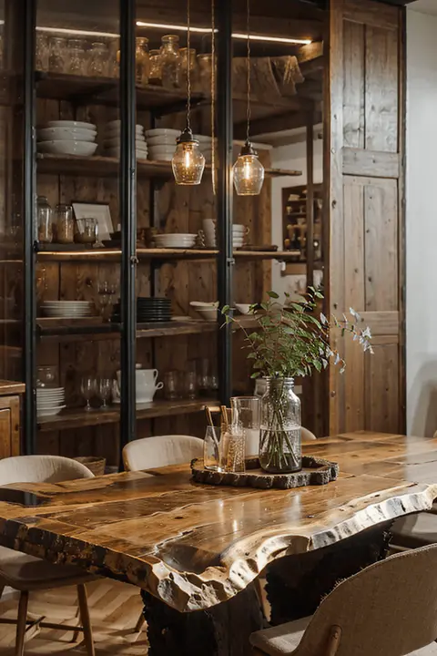 dining room with live edge table shelving or storage units that can go up