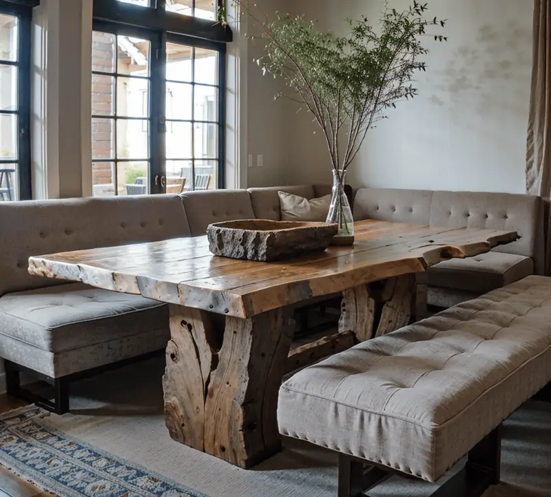 high-quality fabric live edge table with fabric bench