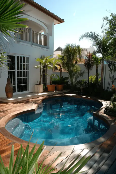 small inground pool with vibrant potted plants and deck