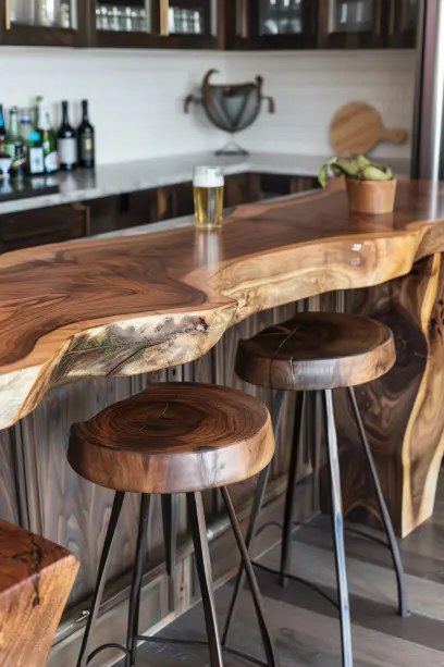 view of modern loft with live edge bar-height table and sleek bar stools