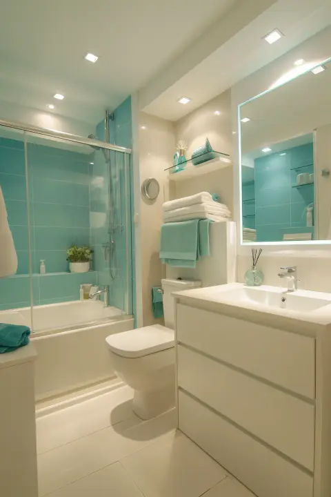 Bright bathroom with turquoise accents modern fixtures and ample storage