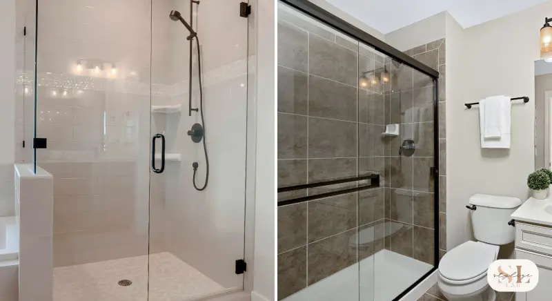 Contemporary shower with glass enclosure white tiles and black fixtures and Elegant bathroom with glass shower brown tiles white accents and modern decor