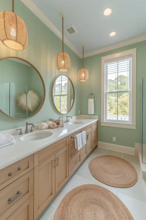 Cozy bathroom with green walls round mirrors and decorative pendant lighting