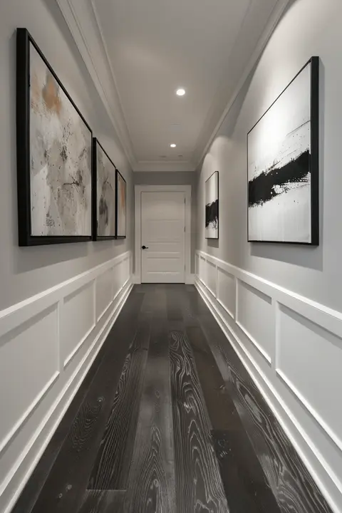 Modern Hallway with White Wainscoting Panels and Modern Art