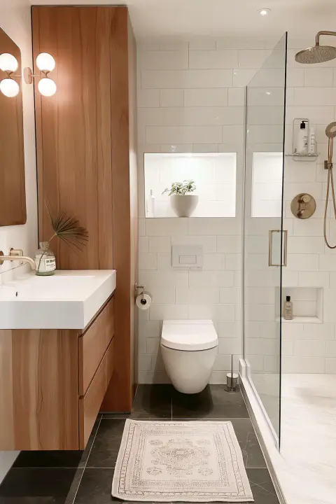 Modern bathroom with wooden accents white tiles and a glass shower enclosure