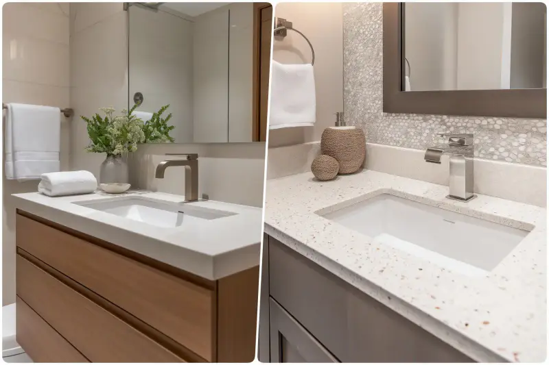 Modern bathroom with wooden cabinetry, quartz countertop white sink with flower arrangement and Elegant bathroom with quartz countertop and stylish faucet beside decorative object