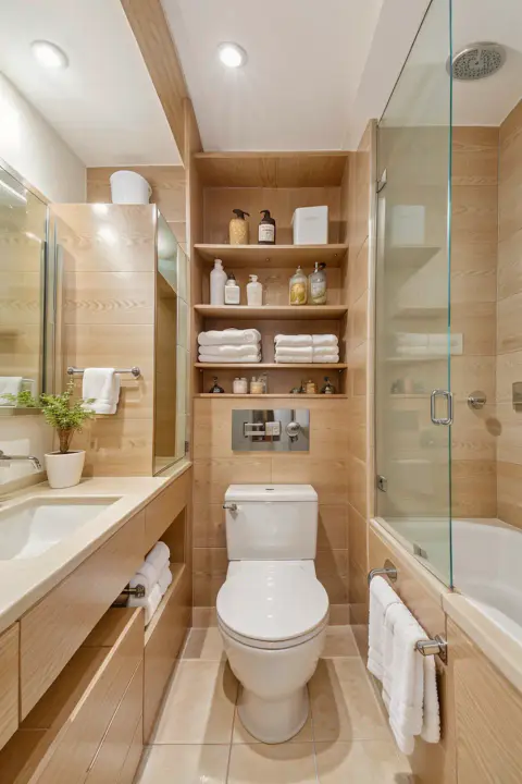 Modern bathroom with wooden panels glass shower and neatly arranged shelves