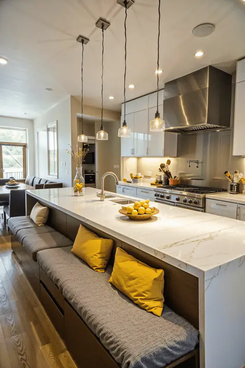 Modern kitchen island with built-in benches, white marble countertop, grey and yellow cushions, stainless steel appliances