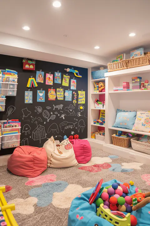 Vibrant basement playroom with colorful decor and interactive areas for kids, featuring chalkboard walls and cozy reading nooks