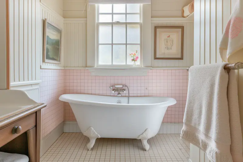 Vintage clawfoot bathtub with pink tiled walls wooden cabinet and floral decorations