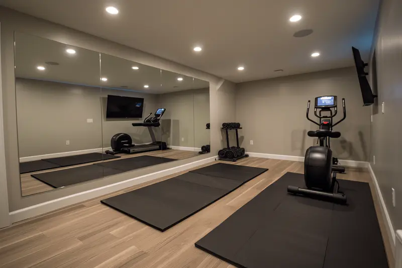 basement gym with mirror wall, home workout equipment, rubber mats flooring, modern lighting, TV