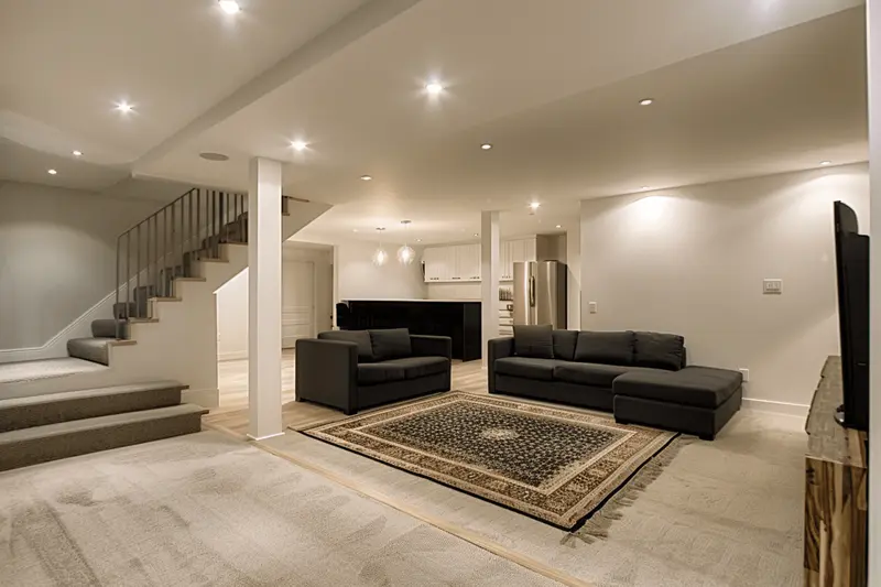 minimalist basement, black sofa and neutral colors