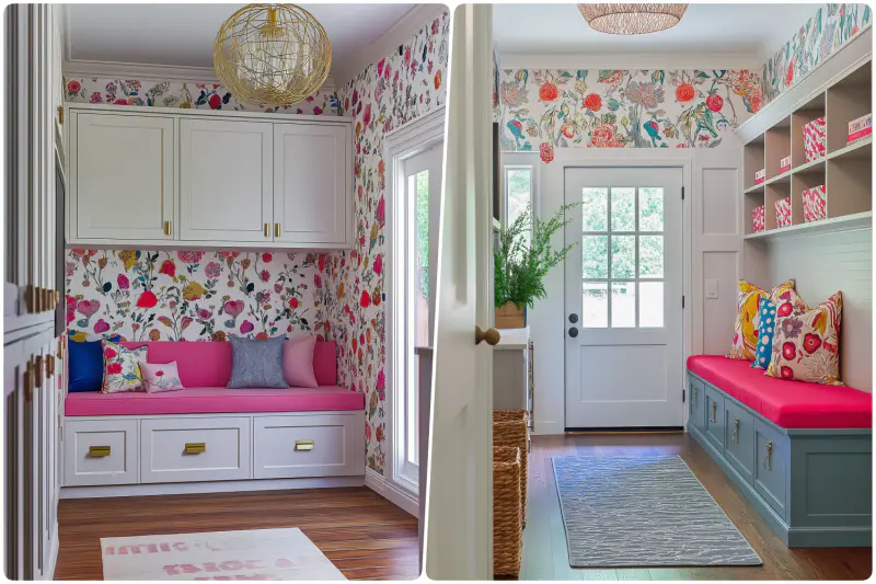 Bright entryway mud room with floral wallpaper cozy bench and pink cushions, Entrance features large window bright decor and colorful seating area