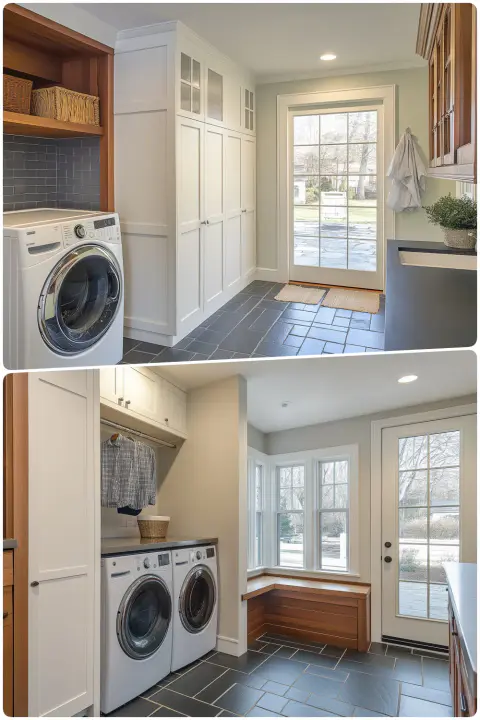 Bright mud room laundry with white cabinets washer dryer and a view of the green outdoors, Modern laundry area with gray slate floor two washers and a cozy window seat