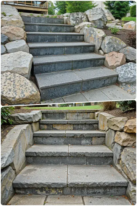 Comparison of two sets of stone steps surrounded by rocks and greenery