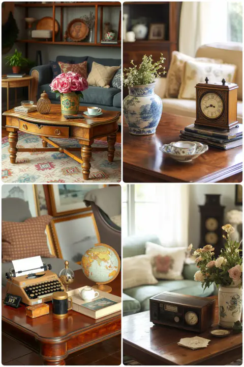Cozy living room with elegant wooden coffee tables featuring flowers vintage clock typewriter globe and decorative items
