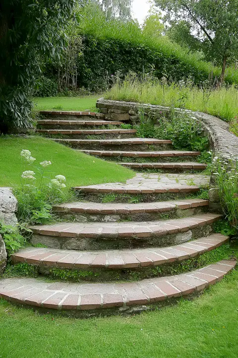 Curved brick steps surrounded by grass and greenery in a garden setting