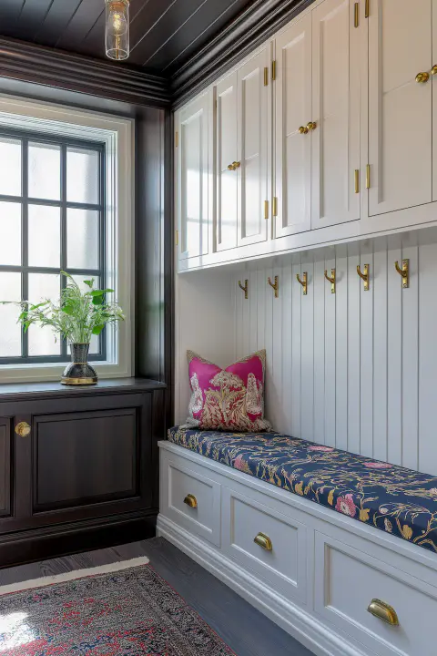 Elegant entryway with a patterned bench vibrant pillows and a plant by the window