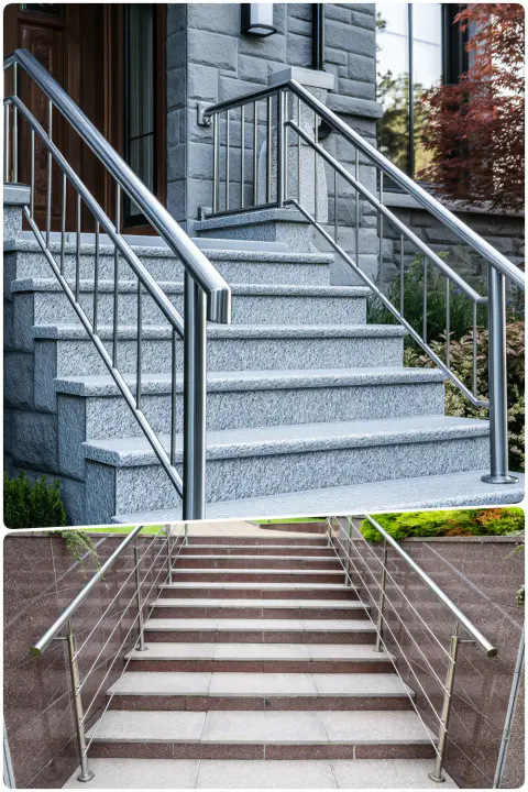 Granite staircase with stainless steel railings leading to a stone entryway, Concrete steps with sleek metal railings in a landscaped outdoor setting