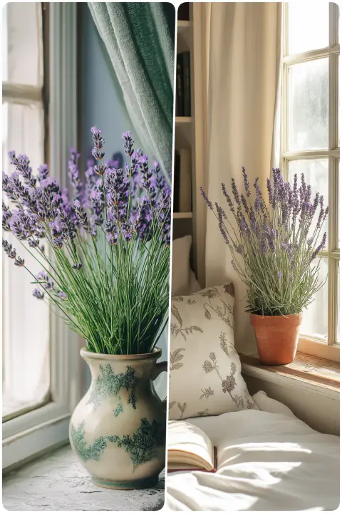 Lavender bouquet in a decorative vase on a windowsill with soft sunlight, Potted lavender plant next to a cozy bed with a decorative pillow and open book