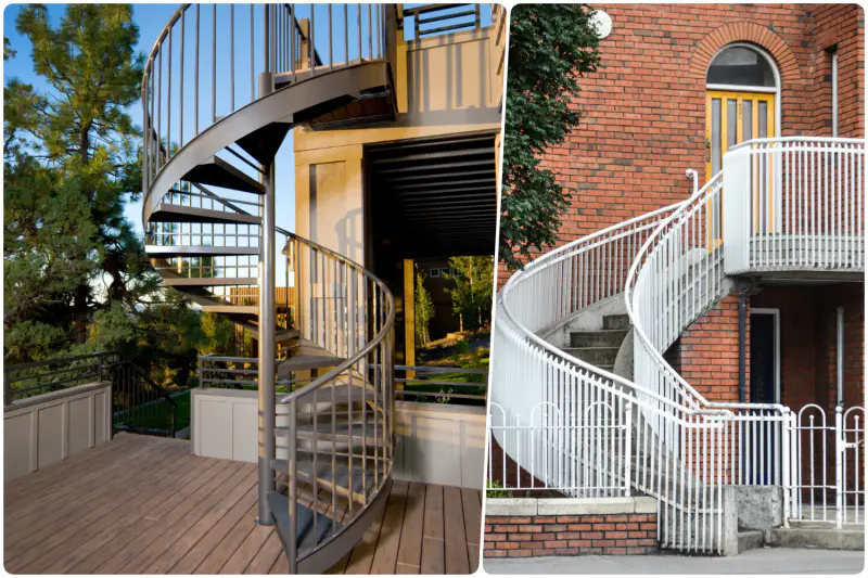 Metal spiral staircase leading to a deck with greenery in the background, Curved white staircase against a red brick wall with a circular landing