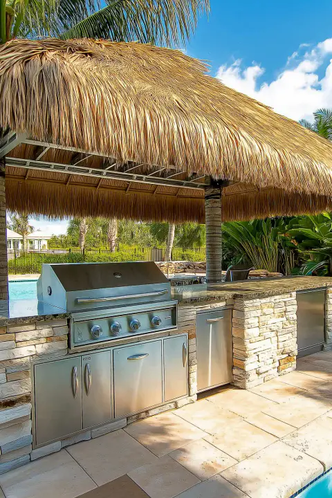 Outdoor kitchen with stainless steel grill and stone countertop under thatched roof - Tropical Outdoor Kitchen with Tiki Bar