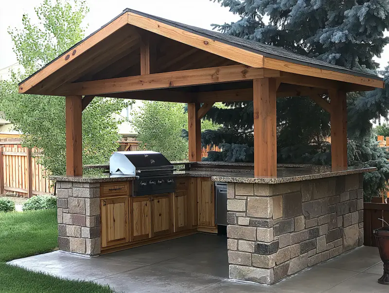 Pavilion outdoor kitchen with stone countertop and gas grill surrounded by greenery