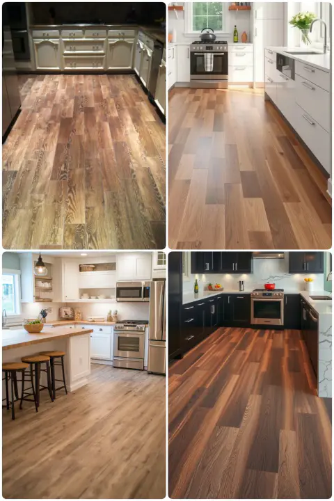 Stylish kitchen flooring options featuring dark and light wood textures in modern designs
