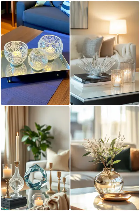 Stylish living room decor featuring decorative bowls and candles on a mirrored tray vibrant greenery in a cozy setting elegant crystal centerpiece and lit candles