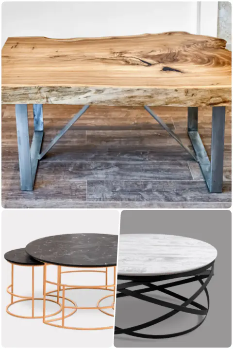 Wooden coffee table with metal legs alongside two sets of round nesting tables with marble tops